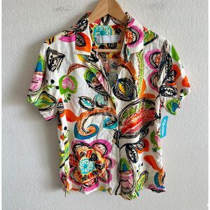 NWT JAMS WORLD Vintage Y2K Floral White Button Down Short Sleeve Top Women Small